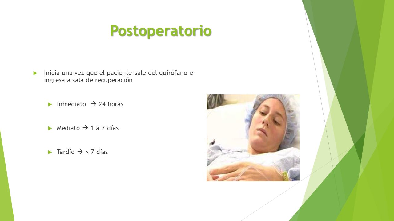 Postoperatorio Inicia una vez que el paciente sale del quirófano e ingresa a sala de recuperación.