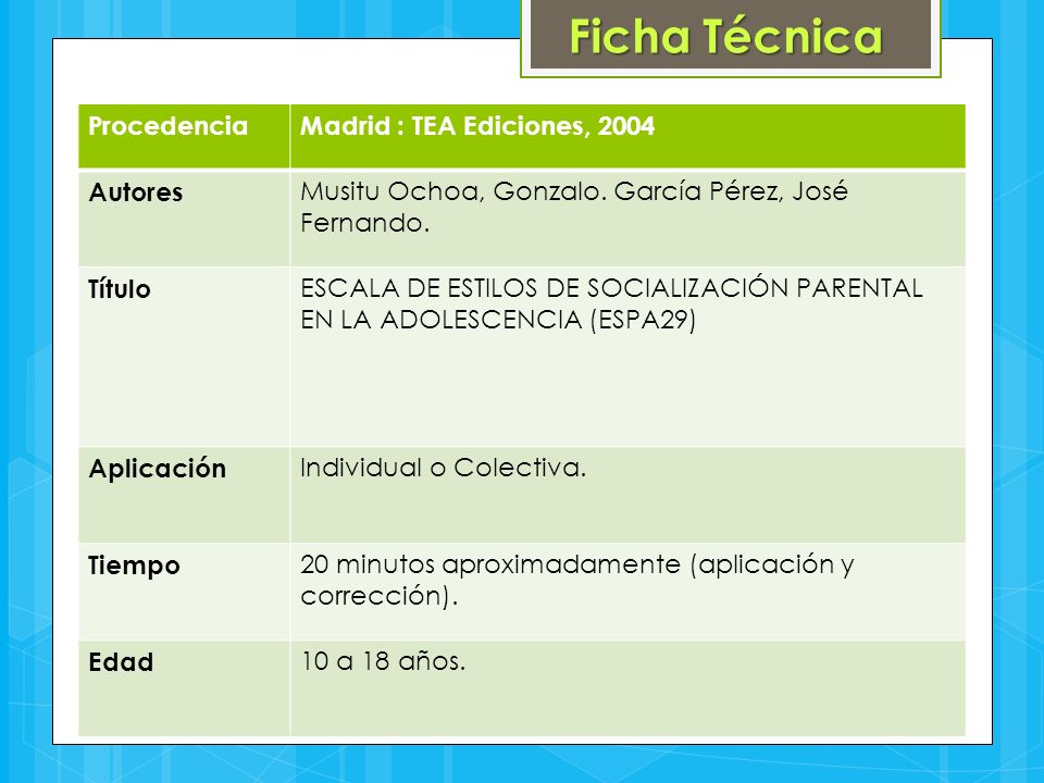 Ficha Técnica Procedencia Madrid : TEA Ediciones, 2004 Autores