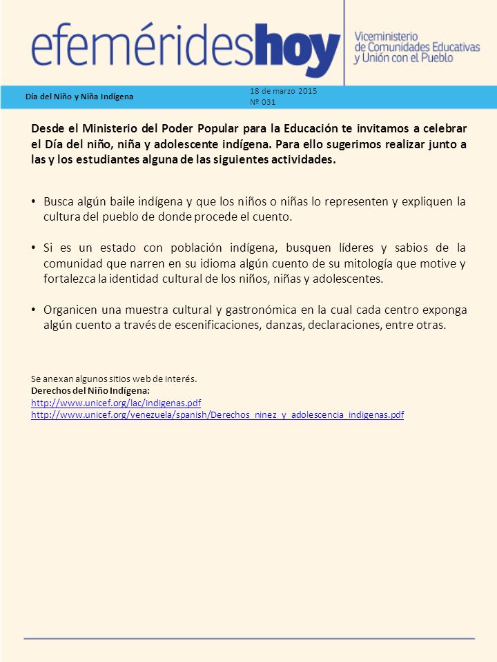 18 de marzo 2015 Nº 031. Día del Niño y Niña Indígena.