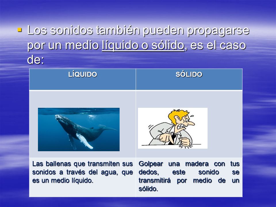 Los sonidos también pueden propagarse por un medio líquido o sólido, es el caso de: