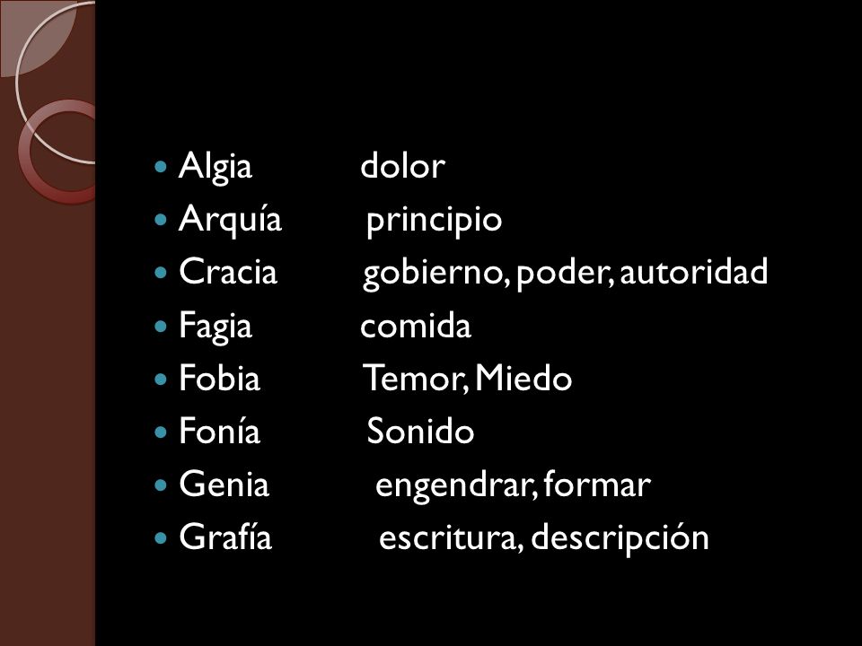 Algia dolor Arquía principio. Cracia gobierno, poder, autoridad. Fagia comida.