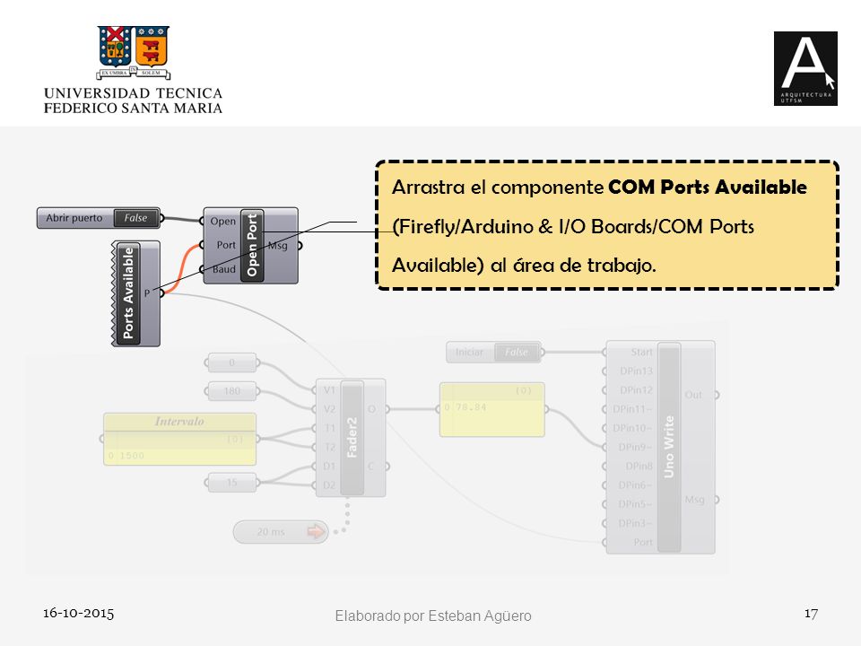 Arrastra el componente COM Ports Available (Firefly/Arduino & I/O Boards/COM Ports Available) al área de trabajo.