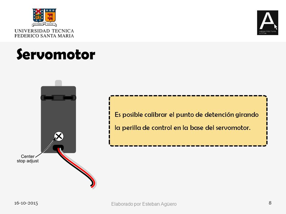 Servomotor Es posible calibrar el punto de detención girando la perilla de control en la base del servomotor.