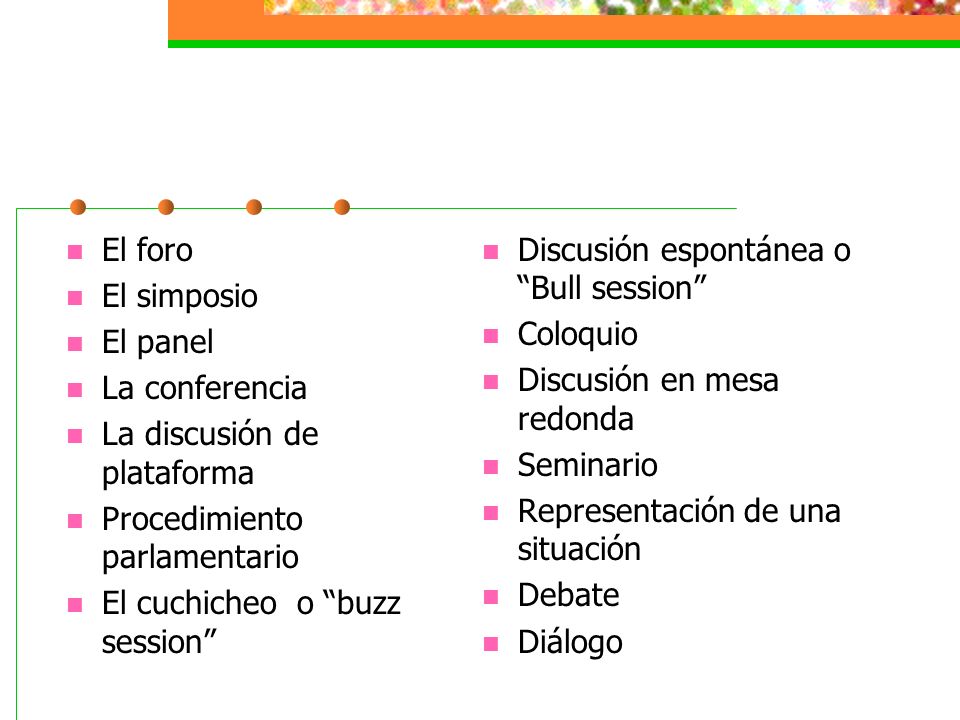El foro El simposio. El panel. La conferencia. La discusión de plataforma. Procedimiento parlamentario.