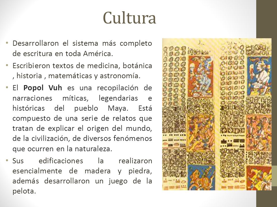 Cultura Desarrollaron el sistema más completo de escritura en toda América.