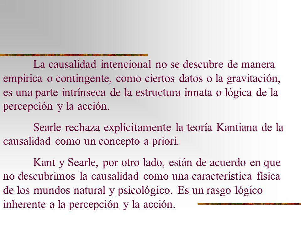 La causalidad intencional no se descubre de manera empírica o contingente, como ciertos datos o la gravitación, es una parte intrínseca de la estructura innata o lógica de la percepción y la acción.