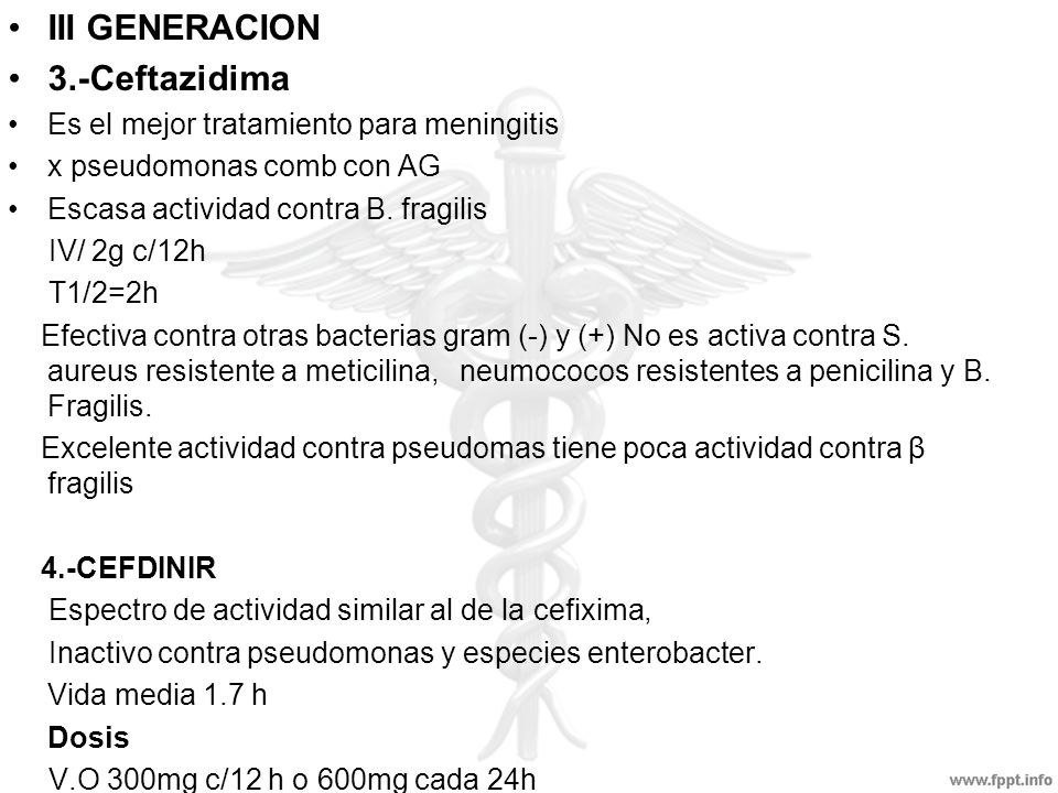 III GENERACION 3.-Ceftazidima Es el mejor tratamiento para meningitis