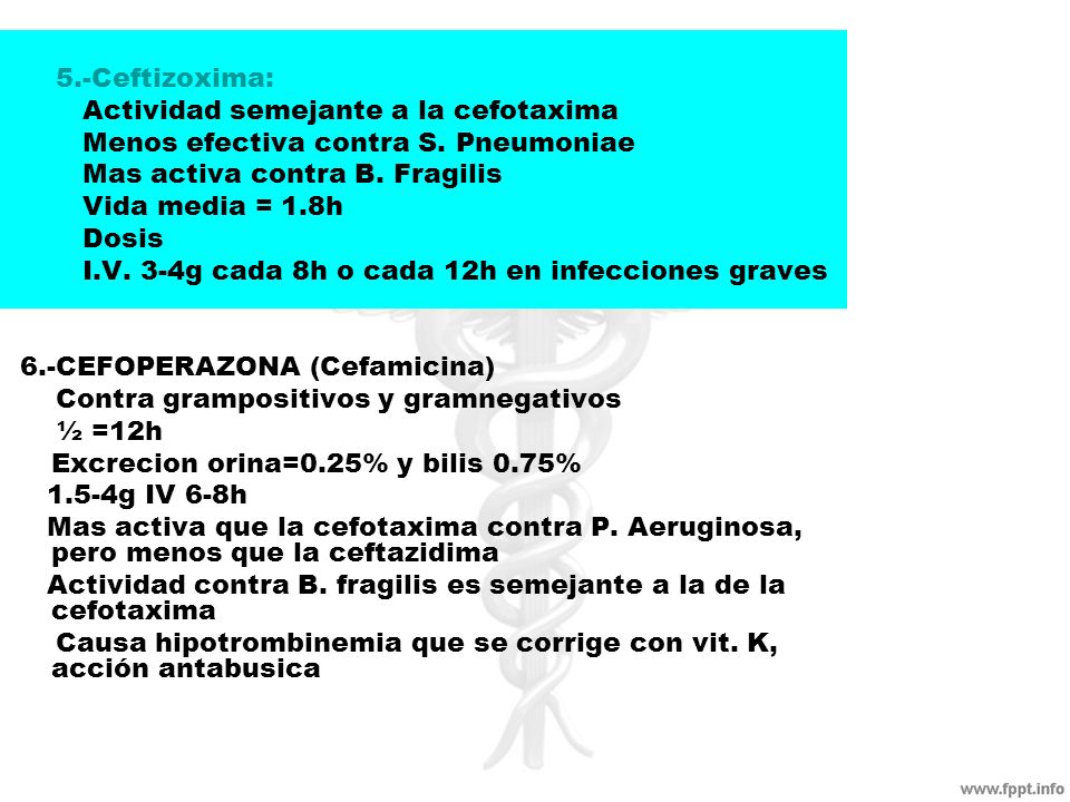5.-Ceftizoxima: Actividad semejante a la cefotaxima. Menos efectiva contra S. Pneumoniae. Mas activa contra B. Fragilis.