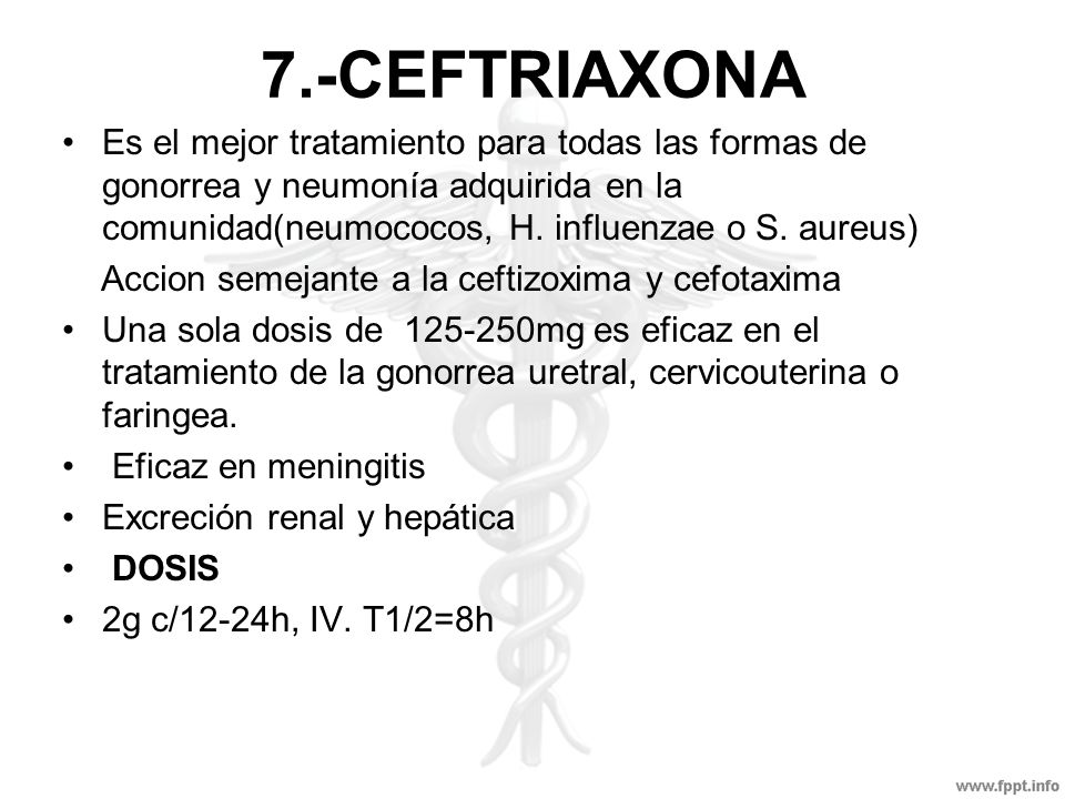7.-CEFTRIAXONA Es el mejor tratamiento para todas las formas de gonorrea y neumonía adquirida en la comunidad(neumococos, H. influenzae o S. aureus)