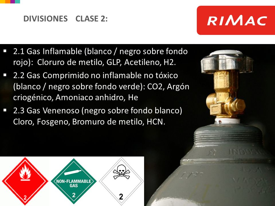 Divisiones Clase 2: 2.1 Gas Inflamable (blanco / negro sobre fondo rojo): Cloruro de metilo, GLP, Acetileno, H2.
