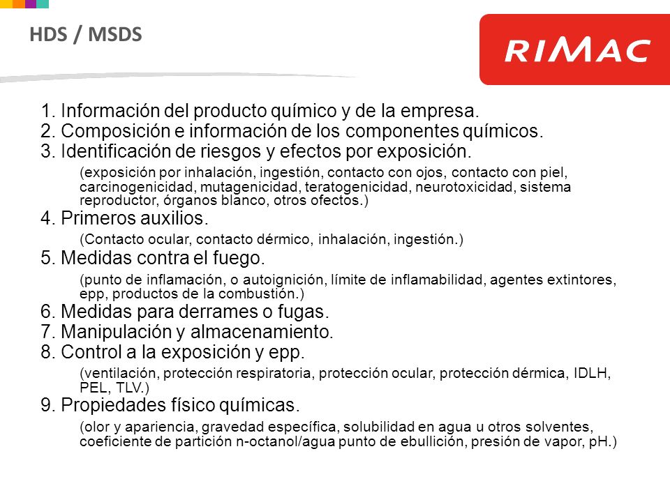HDS / MSDS 1. Información del producto químico y de la empresa.