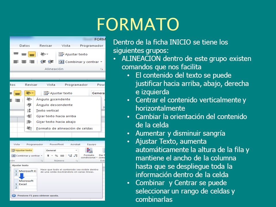 FORMATO Dentro de la ficha INICIO se tiene los siguientes grupos: