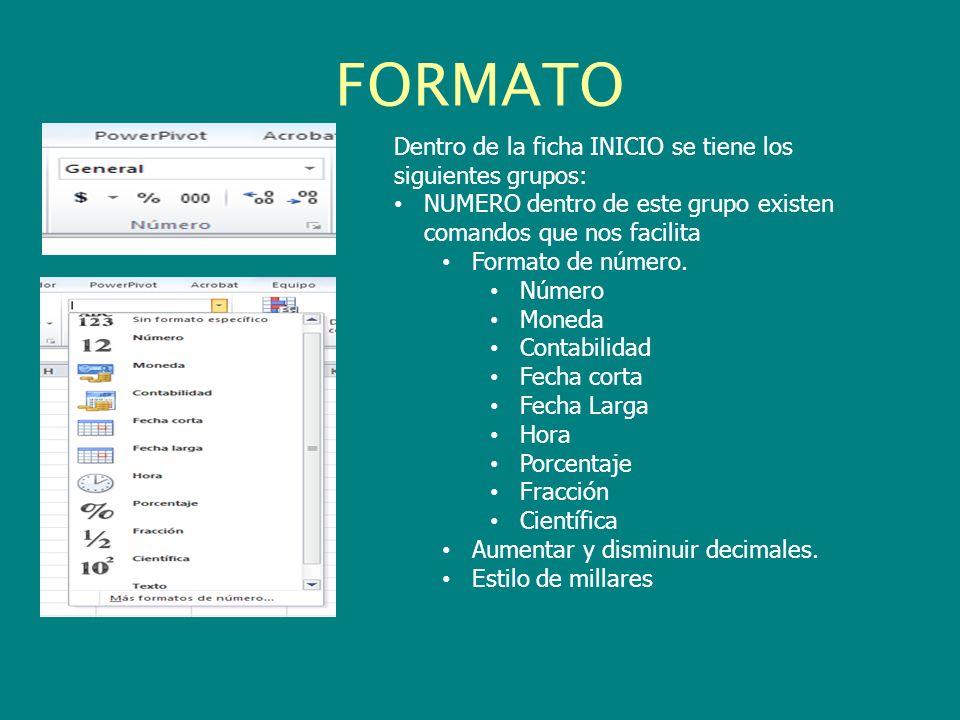 FORMATO Dentro de la ficha INICIO se tiene los siguientes grupos: