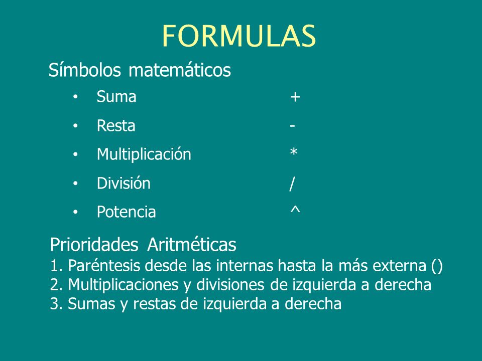 FORMULAS Símbolos matemáticos Prioridades Aritméticas Suma + Resta -