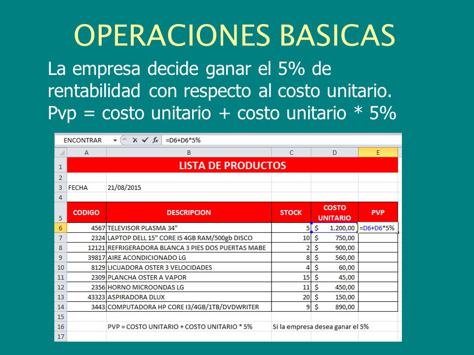 OPERACIONES BASICAS La empresa decide ganar el 5% de rentabilidad con respecto al costo unitario.