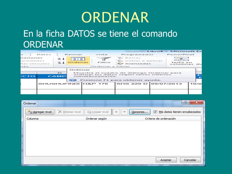 ORDENAR En la ficha DATOS se tiene el comando ORDENAR