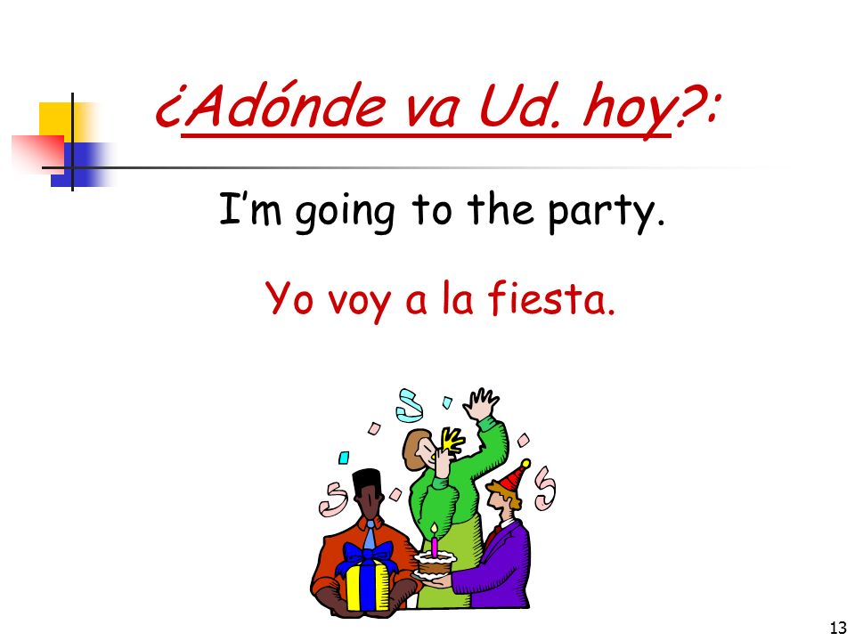 ¿Adónde va Ud. hoy : I’m going to the party. Yo voy a la fiesta.