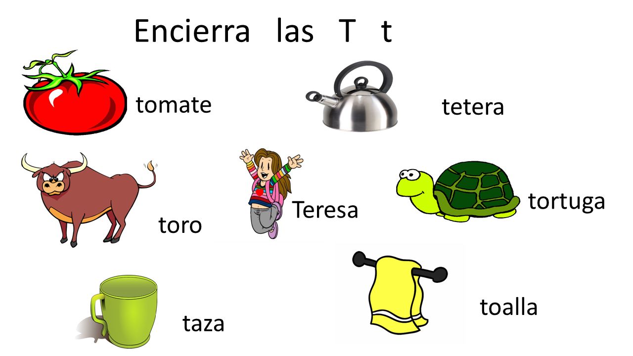 Encierra las T t tomate tetera tortuga Teresa toro toalla taza