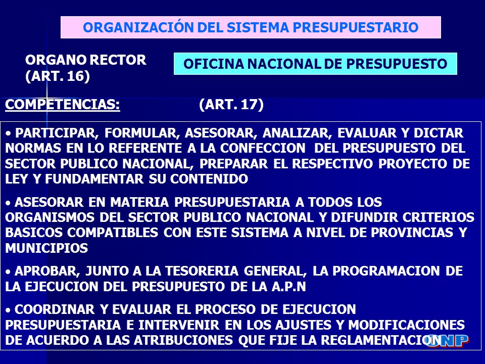 ONP ORGANIZACIÓN DEL SISTEMA PRESUPUESTARIO ORGANO RECTOR (ART. 16)
