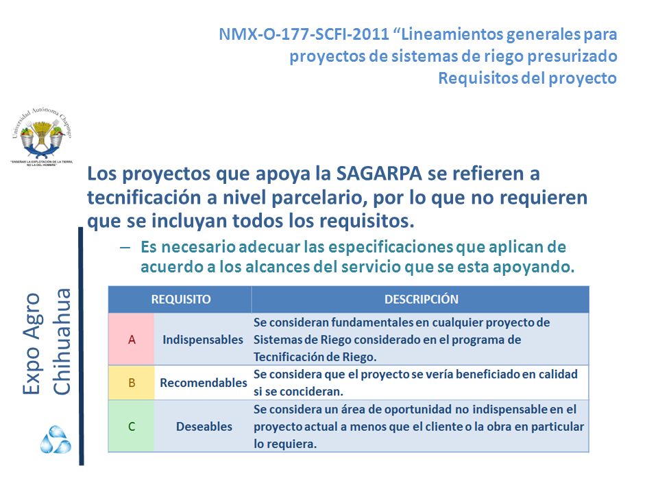 NMX-O-177-SCFI-2011 Lineamientos generales para proyectos de sistemas de riego presurizado Requisitos del proyecto