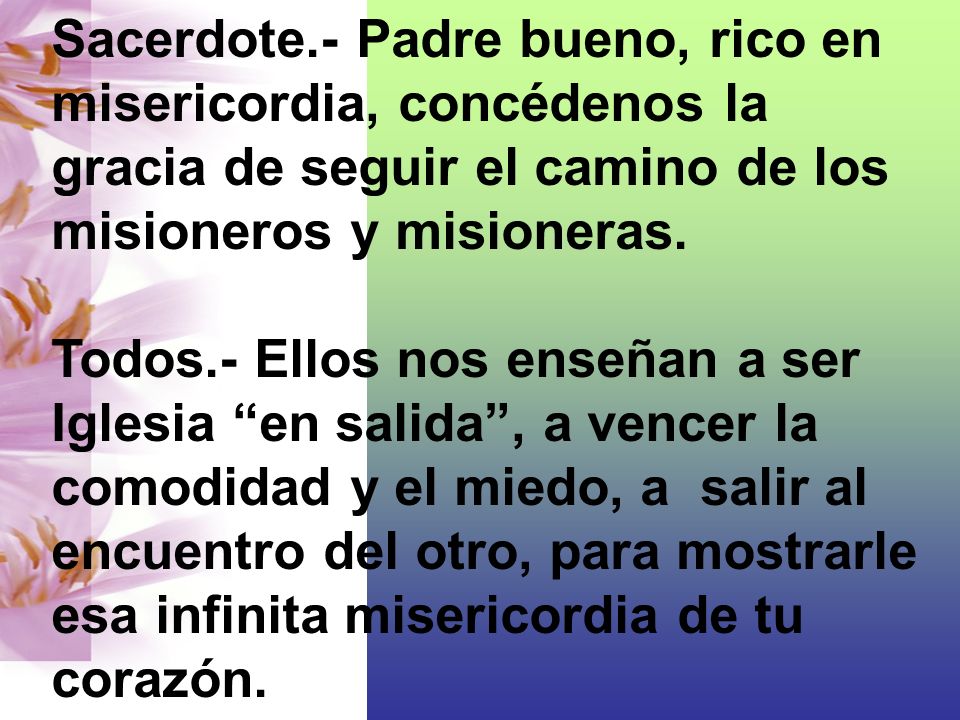 Sacerdote.- Padre bueno, rico en misericordia, concédenos la gracia de seguir el camino de los misioneros y misioneras.