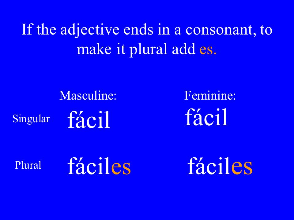 If the adjective ends in a consonant, to make it plural add es.