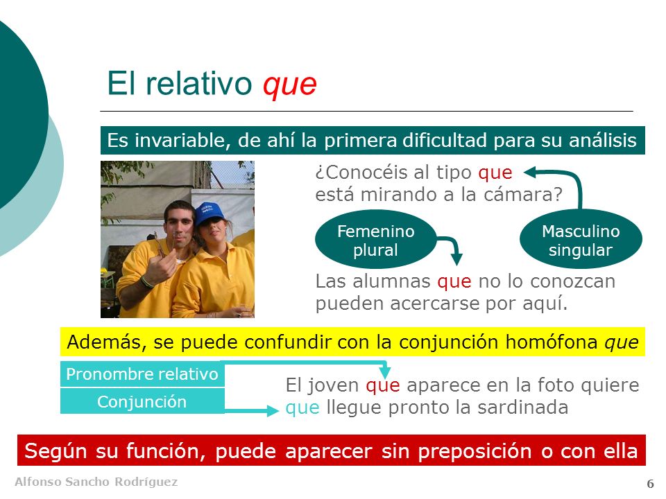El relativo que Es invariable, de ahí la primera dificultad para su análisis. ¿Conocéis al tipo que está mirando a la cámara