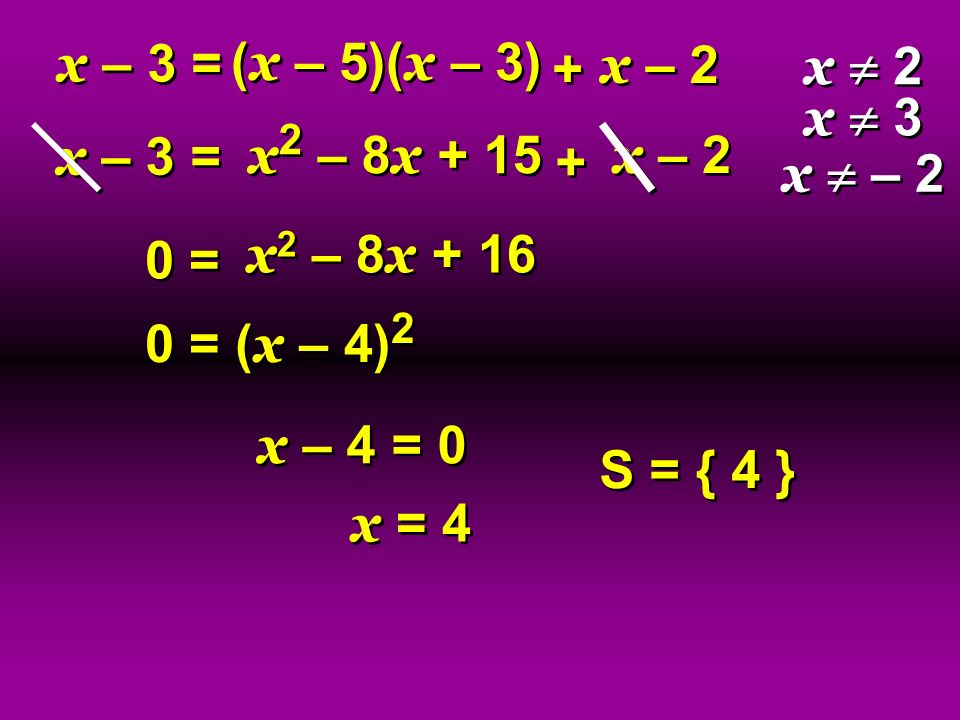 x – 3 = (x – 5)(x – 3) + x – 2. x  2. x  3. x – 3 = x2 – 8x x – 2. + x  – 2. 0 =