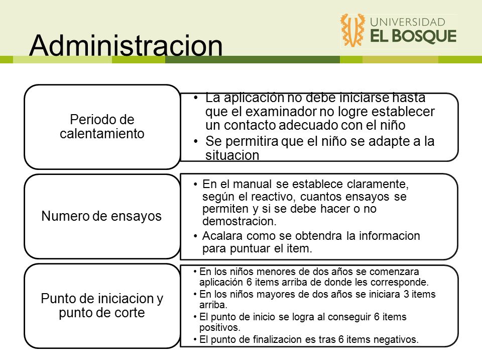 Administracion La aplicación no debe iniciarse hasta que el examinador no logre establecer un contacto adecuado con el niño.