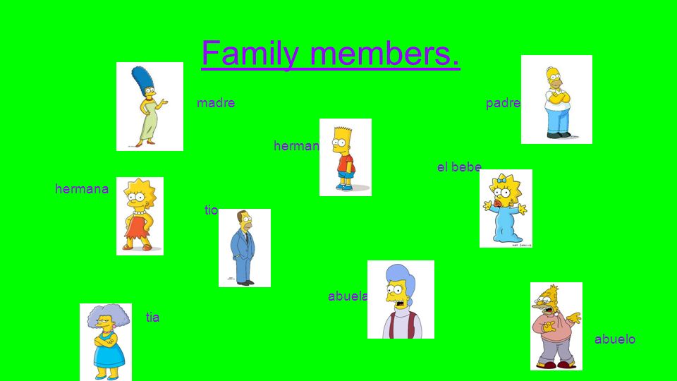 Family members. madre padre hermano el bebe hermana tio abuela tia