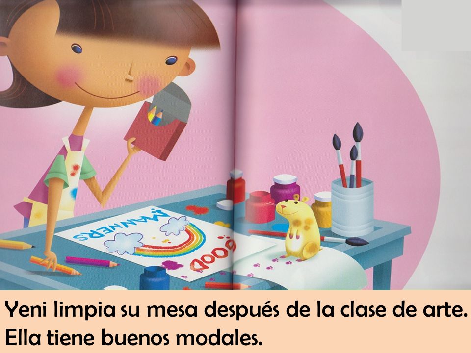 Yeni limpia su mesa después de la clase de arte.