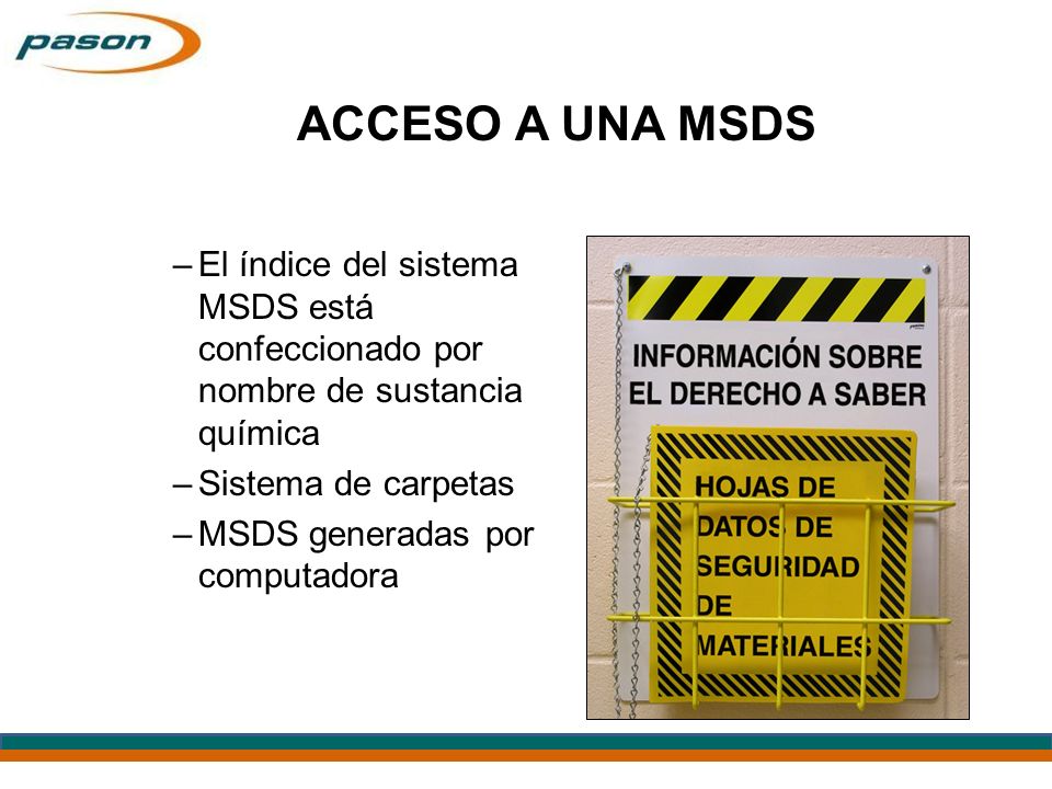 ACCESO A UNA MSDS El índice del sistema MSDS está confeccionado por nombre de sustancia química. Sistema de carpetas.