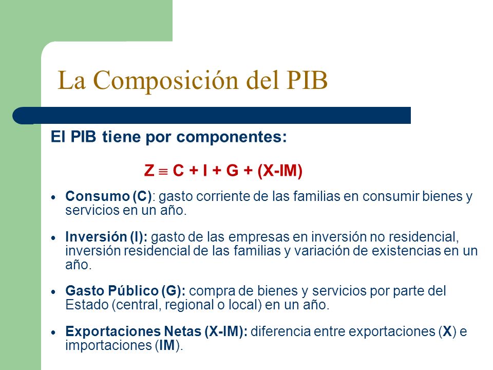 La Composición del PIB El PIB tiene por componentes: