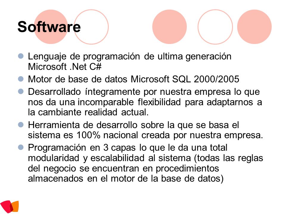 Software Lenguaje de programación de ultima generación Microsoft .Net C# Motor de base de datos Microsoft SQL 2000/2005.