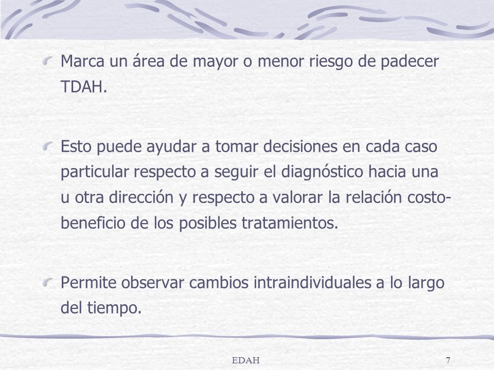 Marca un área de mayor o menor riesgo de padecer TDAH.