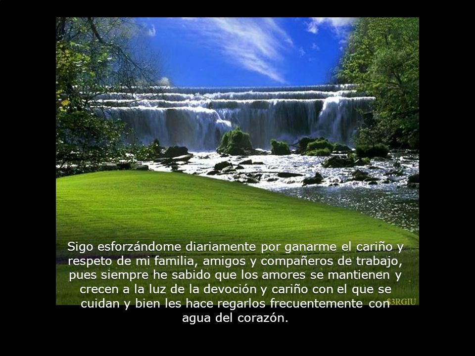 Sigo esforzándome diariamente por ganarme el cariño y respeto de mi familia, amigos y compañeros de trabajo, pues siempre he sabido que los amores se mantienen y crecen a la luz de la devoción y cariño con el que se cuidan y bien les hace regarlos frecuentemente con agua del corazón.