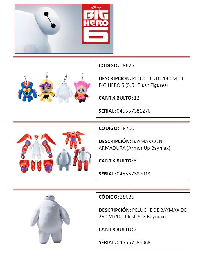 CÓDIGO: DESCRIPCIÓN: PELUCHES DE 14 CM DE BIG HERO 6 (5.5 Plush Figures) CANT X BULTO: 12. SERIAL: