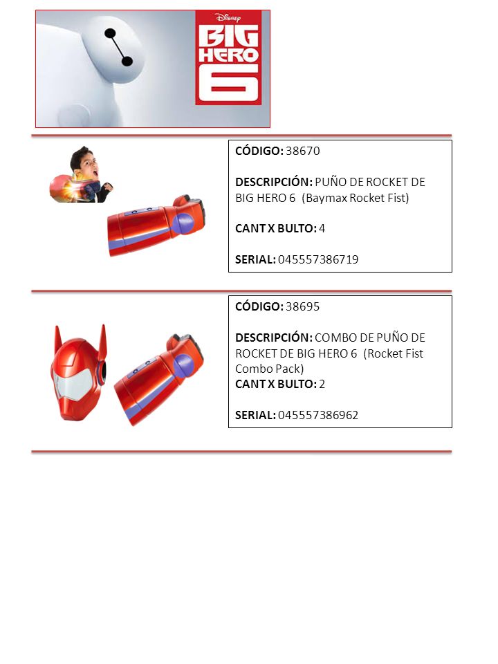 CÓDIGO: DESCRIPCIÓN: PUÑO DE ROCKET DE BIG HERO 6 (Baymax Rocket Fist) CANT X BULTO: 4. SERIAL: