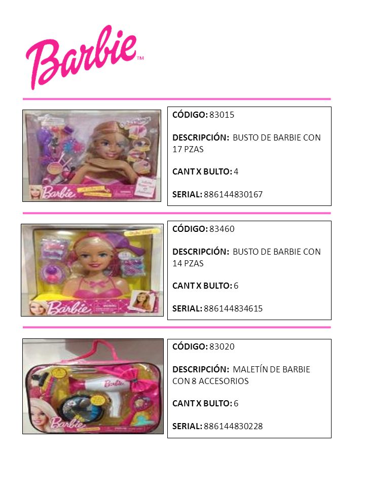 CÓDIGO: DESCRIPCIÓN: BUSTO DE BARBIE CON 17 PZAS. CANT X BULTO: 4. SERIAL: CÓDIGO: