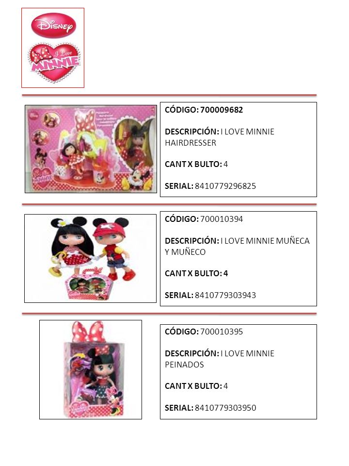 CÓDIGO: DESCRIPCIÓN: I LOVE MINNIE HAIRDRESSER. CANT X BULTO: 4. SERIAL: