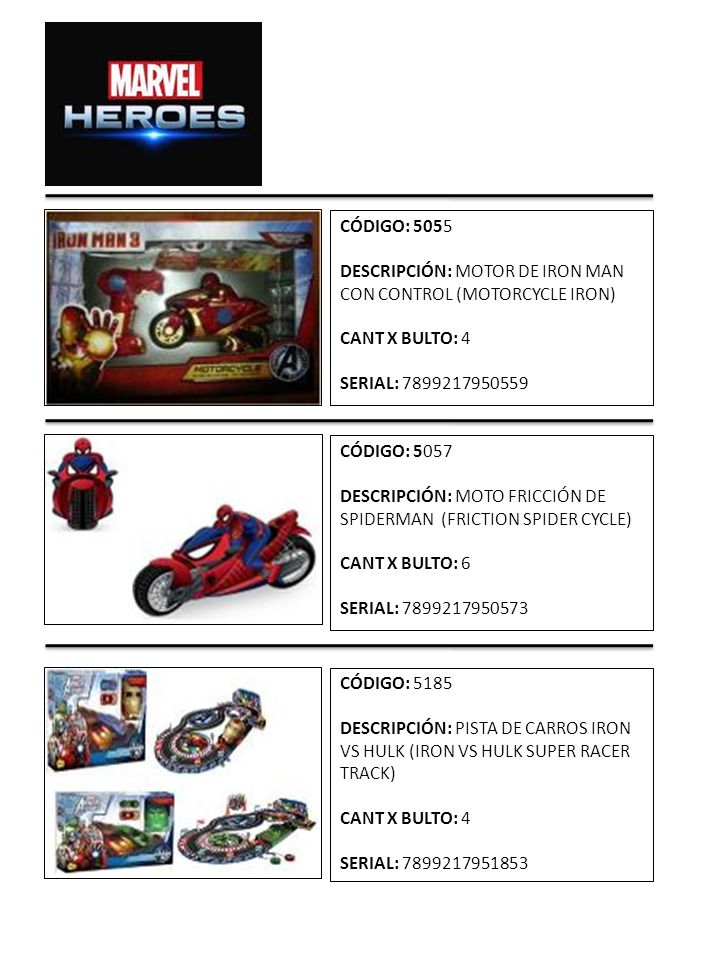 CÓDIGO: 5055 DESCRIPCIÓN: MOTOR DE IRON MAN CON CONTROL (MOTORCYCLE IRON) CANT X BULTO: 4. SERIAL: