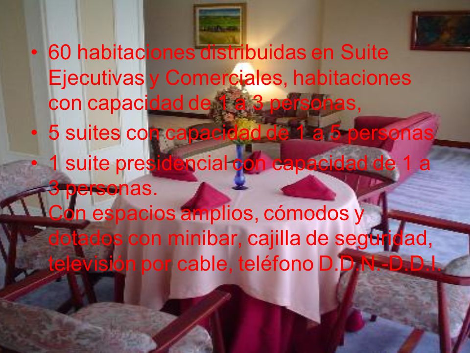 60 habitaciones distribuidas en Suite Ejecutivas y Comerciales, habitaciones con capacidad de 1 a 3 personas,