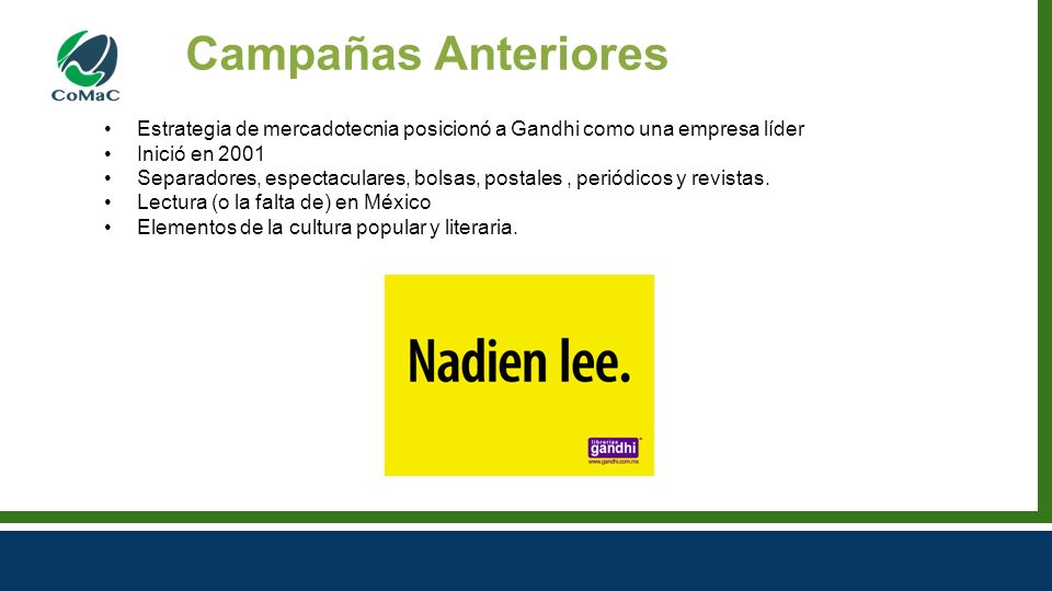 Campañas Anteriores Estrategia de mercadotecnia posicionó a Gandhi como una empresa líder. Inició en