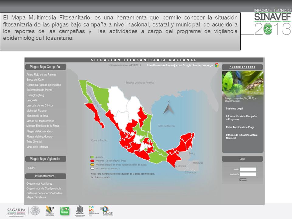 El Mapa Multimedia Fitosanitario, es una herramienta que permite conocer la situación fitosanitaria de las plagas bajo campaña a nivel nacional, estatal y municipal, de acuerdo a los reportes de las campañas y las actividades a cargo del programa de vigilancia epidemiológica fitosanitaria.
