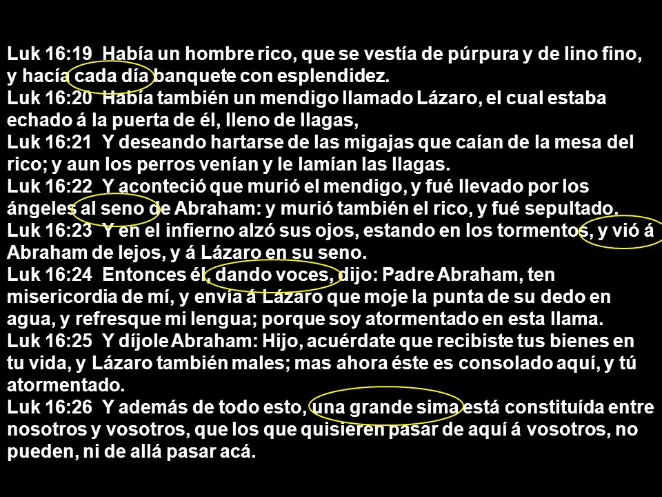 Luk 16:19 Había un hombre rico, que se vestía de púrpura y de lino fino, y hacía cada día banquete con esplendidez.