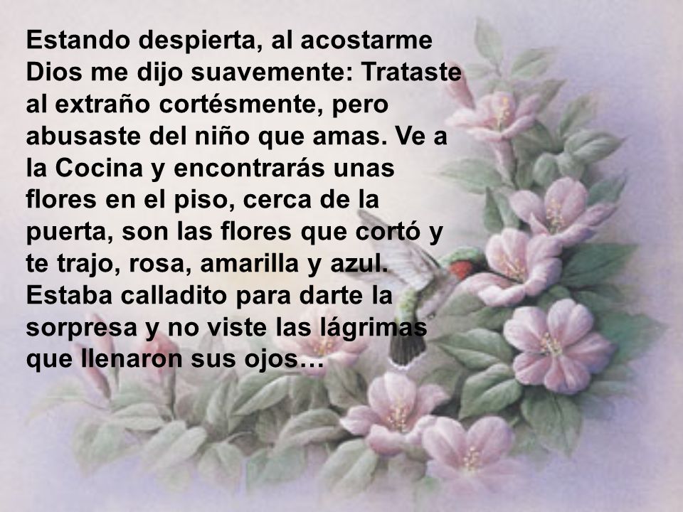 Estando despierta, al acostarme Dios me dijo suavemente: Trataste al extraño cortésmente, pero abusaste del niño que amas.
