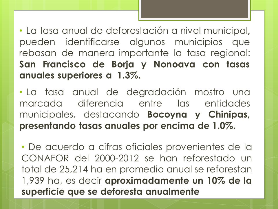 La tasa anual de deforestación a nivel municipal, pueden identificarse algunos municipios que rebasan de manera importante la tasa regional: San Francisco de Borja y Nonoava con tasas anuales superiores a 1.3%.