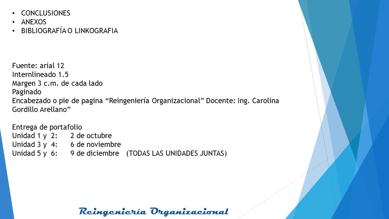 CONCLUSIONES ANEXOS. BIBLIOGRAFÍA O LINKOGRAFIA. Fuente: arial 12. Internlineado 1.5. Margen 3 c.m. de cada lado.