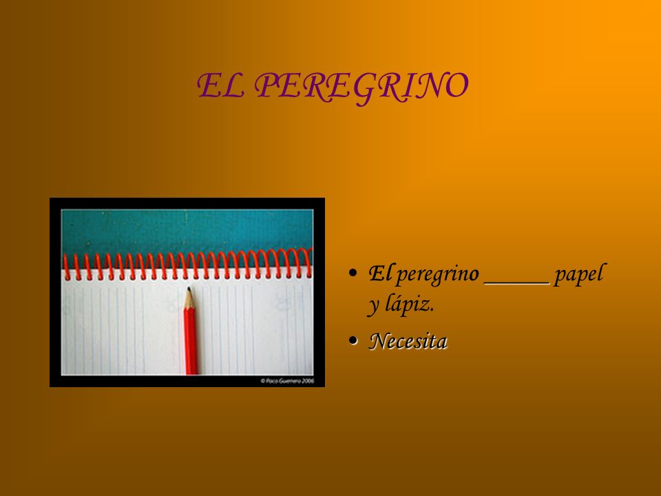 EL PEREGRINO El peregrino _____ papel y lápiz. Necesita