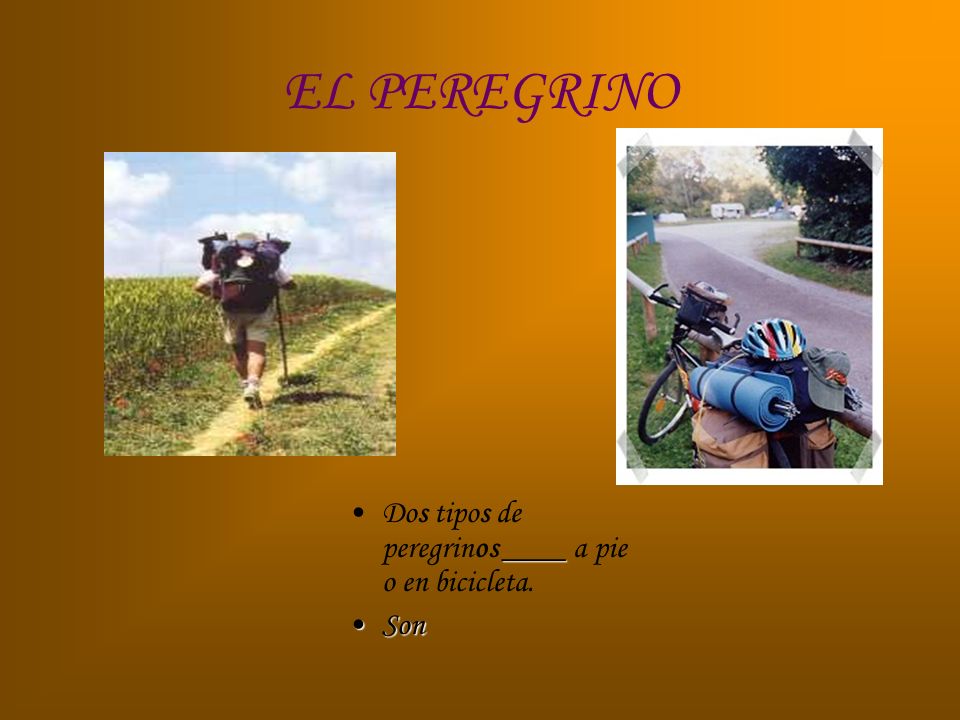 EL PEREGRINO Dos tipos de peregrinos ____ a pie o en bicicleta. Son